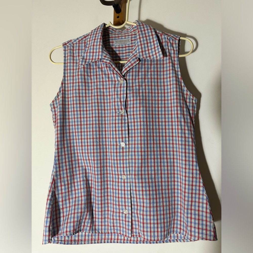 Vintage striped plaid sleeveless blouse button down shirt size small western